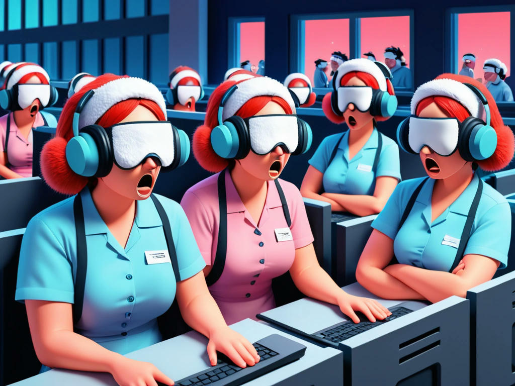 a cartoonish scene of servers wearing earmuffs and sleeping masks, with frustrated people outside