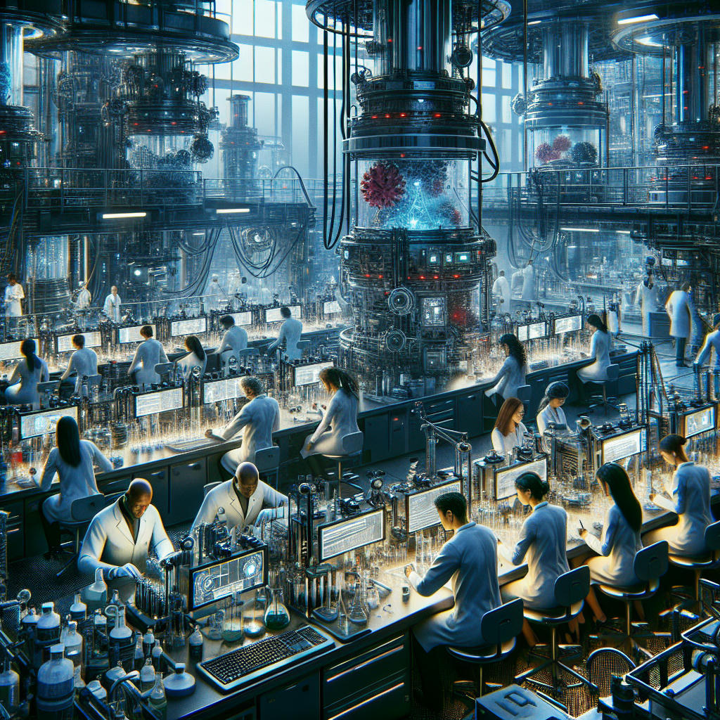 A high-tech laboratory with scientists working frantically on a cure, advanced equipment, tense atmosphere, detailed and realistic, dramatic lighting