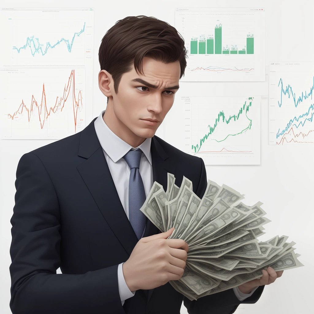 Person juggling money bags surrounded by charts