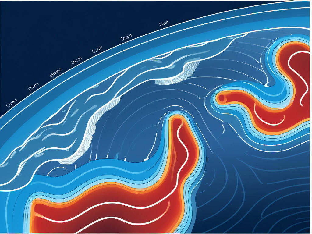 a graphic illustration of ocean circulation patterns, showing the formation of deep-water masses and the absorption of heat from the atmosphere