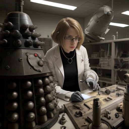 Dr. Clara Smith studying a dismantled Dalek gun