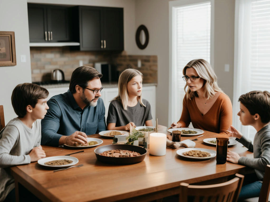 A modern Christian family discussing ethical dilemmas around a dinner table, with a Bible open in front of them