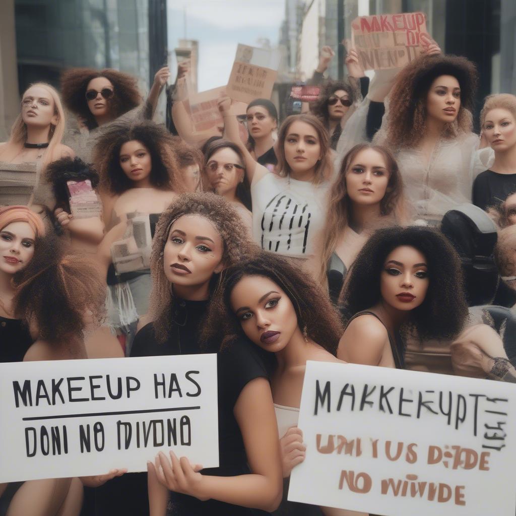 a group of protesters holding signs saying 'Makeup Has No Party' and 'Blend Don't Divide,' with one person wearing a neutral-toned eyeshadow look, urban street background