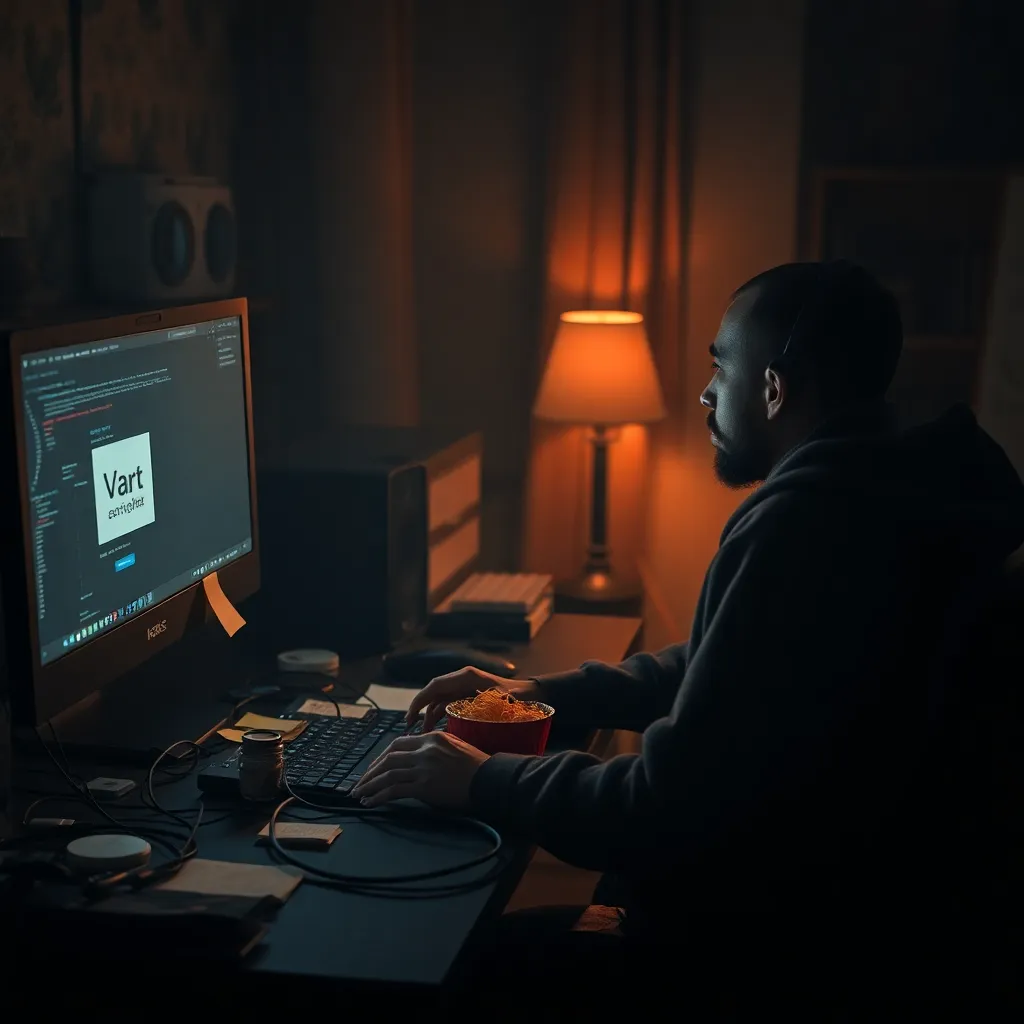 a lone programmer at home lit by monitor glow, sitting dramatically at a desk with tangled cables, sticky notes, half-eaten instant noodles, staring into the distance while a browser displays an unavailable website, moody cinematic scene, detailed digital art