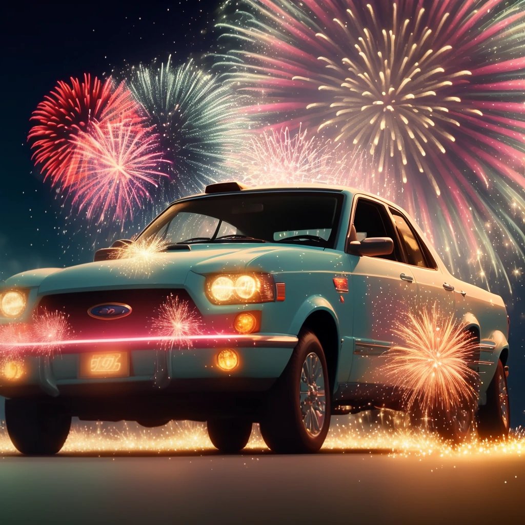 Car with Disney-themed muffler emitting sparkles and fireworks