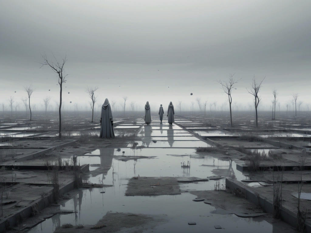 a desolate, gray void with faint, ghostly figures of characters and snippets of abandoned plots floating in the distance, symbolizing the space between stories