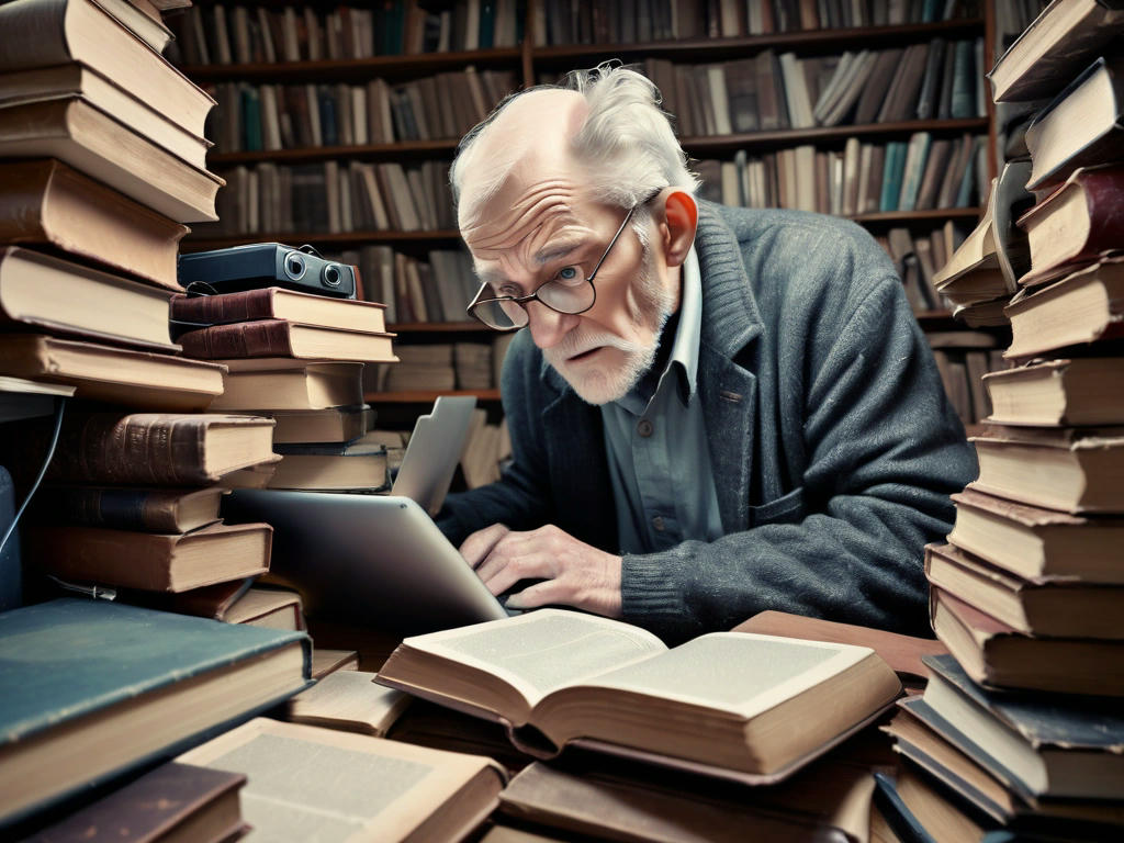 an elderly man intensely focused on a computer screen, surrounded by piles of old books and modern gadgets, with a look of determination