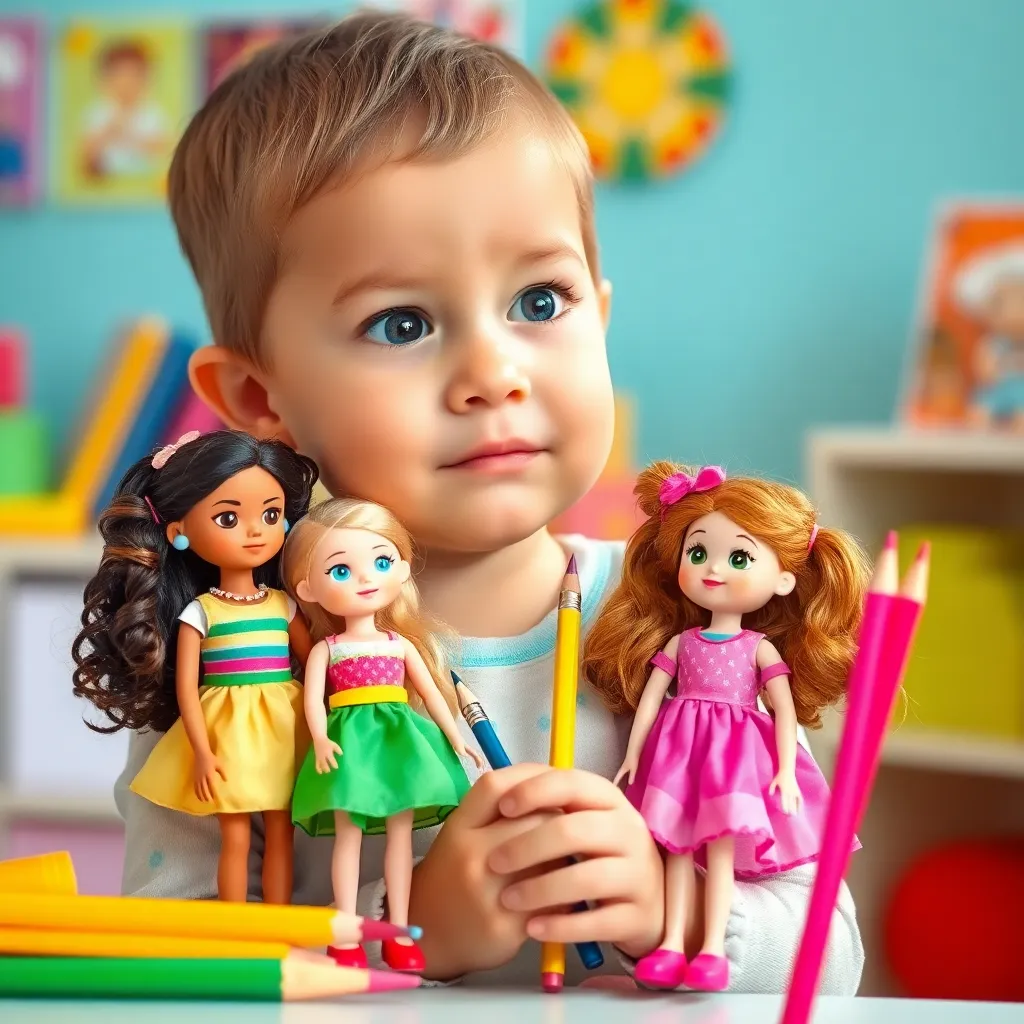 A child with three dolls and five pencils, looking thoughtful and creative, in a colorful playroom