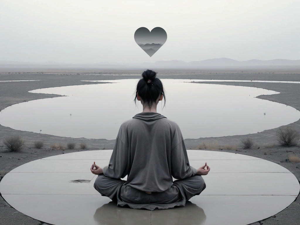 A person sitting in a lotus position, surrounded by a gray, desolate landscape, with a faint image of a heart being locked away in the background