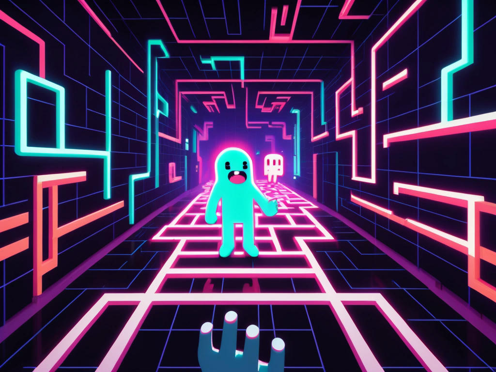 a pixelated character consuming a ghost in a neon maze, with a triumphant expression