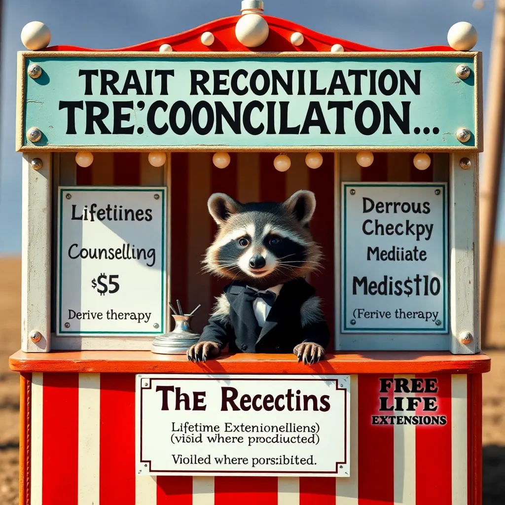 A carnival-style 'Trait Reconciliation Booth' with absurd services: 'Lifetimes Counseling $5', 'Derive Therapy $10', 'Borrow Checker Mediation $20', 'Free Lifetime Extensions (void where prohibited)', run by a raccoon in a tiny suit