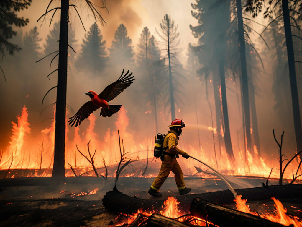 firefighters battling a wildfire in a forest, with smoke and flames in the background, and a charred bird on the ground