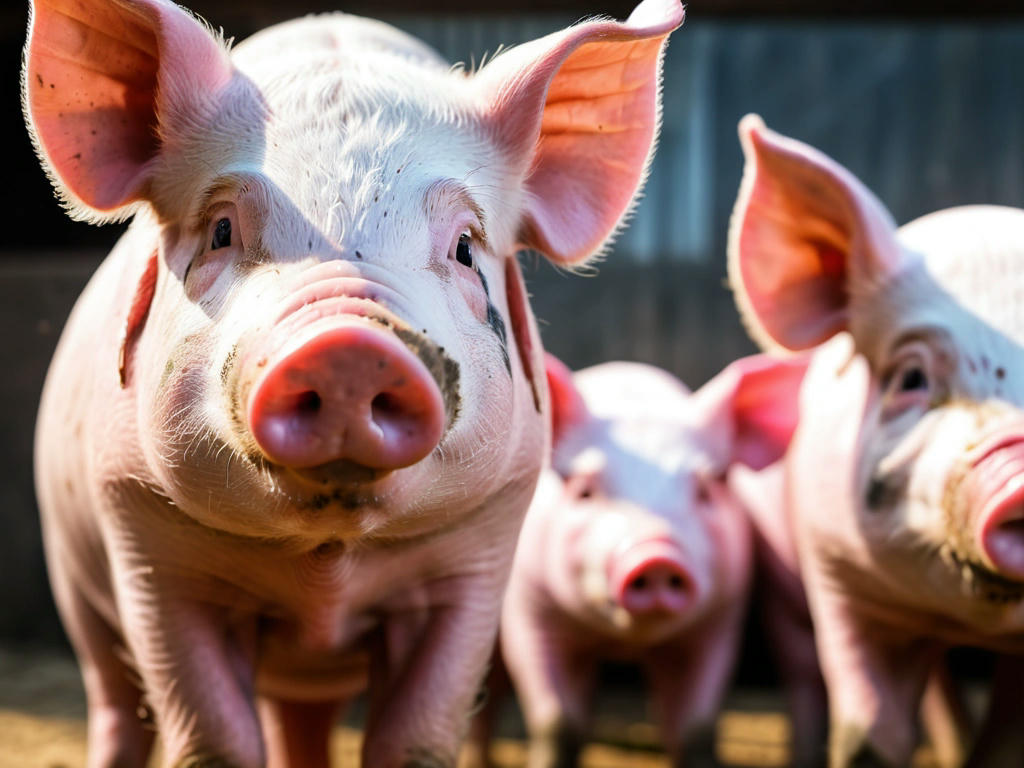 a close-up of a pig's face showing a calm and submissive expression, with other pigs in the background