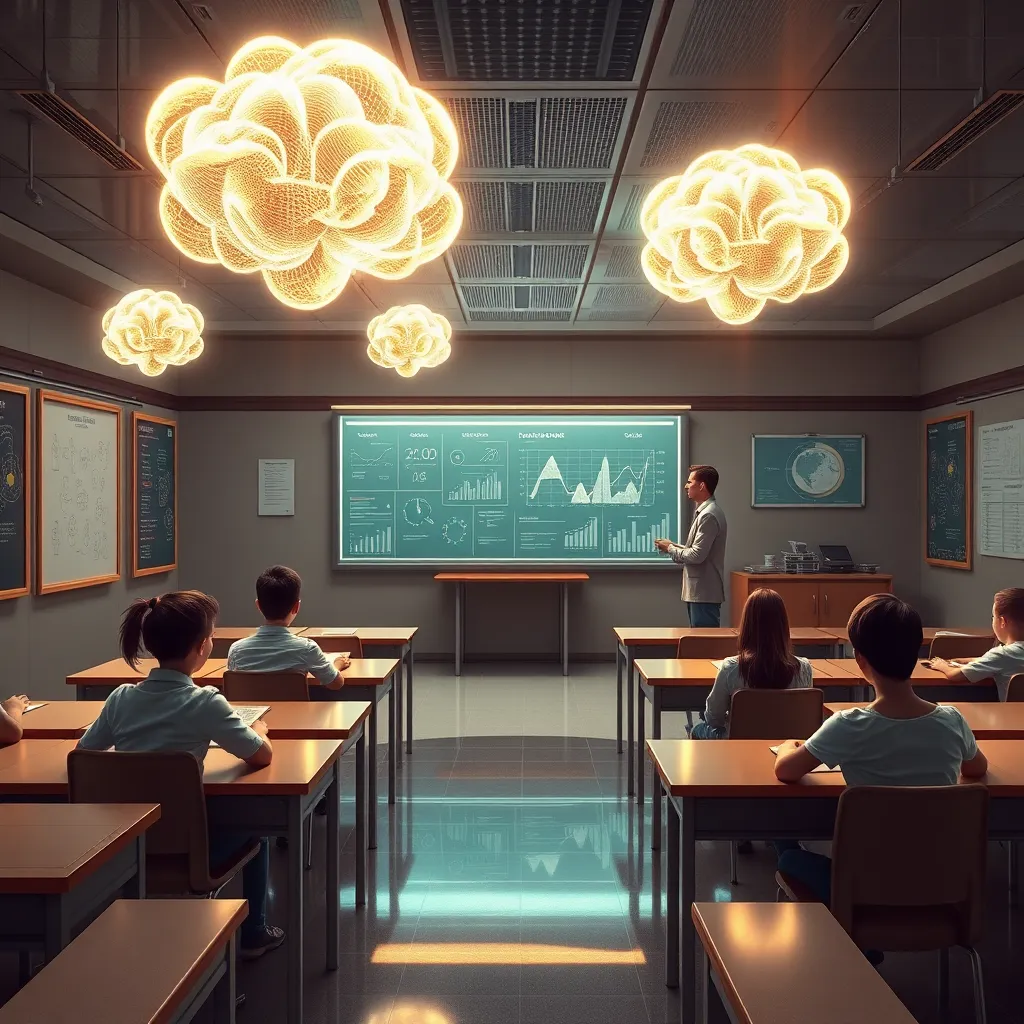 inside a gleaming futuristic classroom, students sitting at desks with subtle neural halos, teacher looking at floating charts made of glowing thoughts, educational posters mixed with sci-fi interfaces, humorous but elegant, high detail