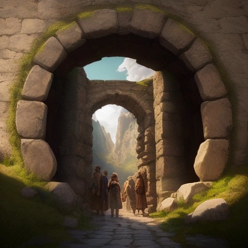 Travelers stepping through stone portal