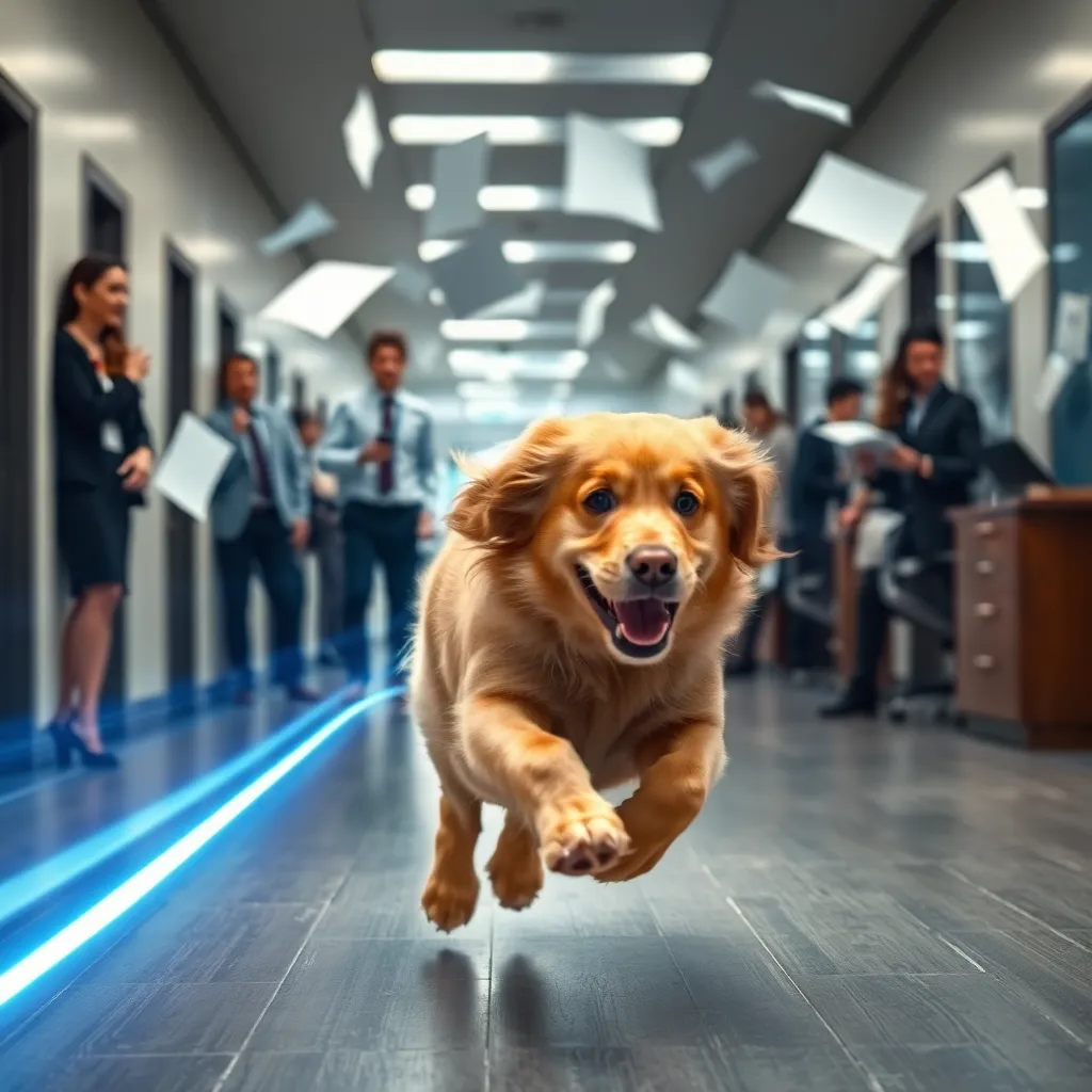 A chaotic office hallway where a blurred Golden Retriever is running at supersonic speeds, leaving a trail of glowing blue light and floating documents, stunned office workers in the background
