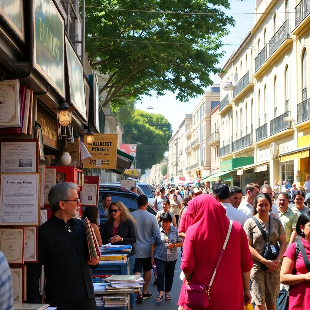 street market in a lively lusophone city, vendors selling absurd identity accessories like velvet document holders and golden stamp kits, colorful stalls, amused crowd, playful bureaucratic chaos, warm daylight