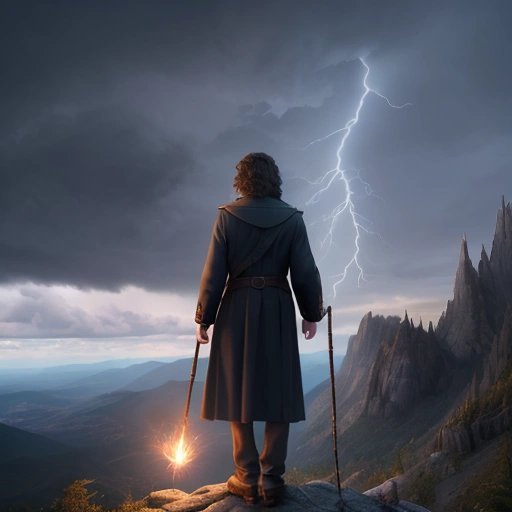 Wizardly Harry Dresden standing on a mountain with magical staff in hand