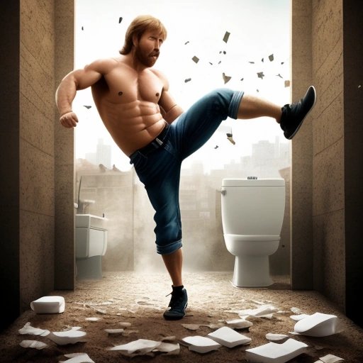 Chuck Norris doing a roundhouse kick to a toilet