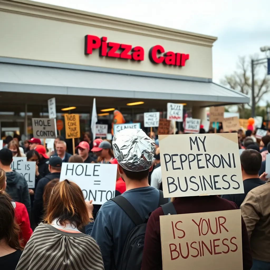 crowd of 200 pizza box activists outside a generic pizza chain, holding signs reading 'HOLE = CONTROL' and 'MY PEPPERONI IS MY BUSINESS', one protester wearing a tinfoil hat shaped like a calzone