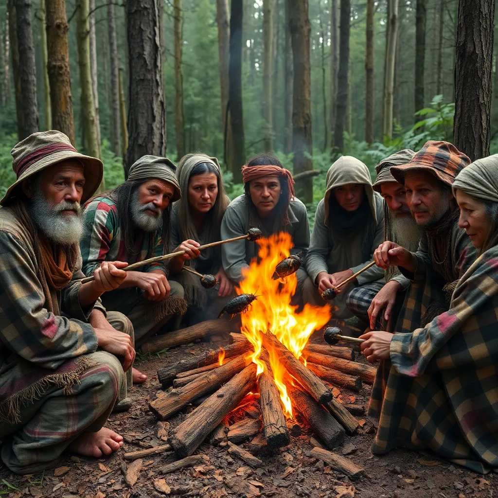 A group of people in ragged, colorful patched clothes sitting around a campfire in a forest, roasting insects and roots on wooden sticks, primitive cooking, smoke rising, detailed faces with dirt