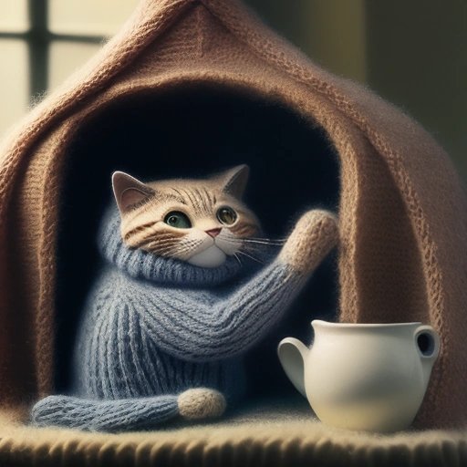 A cat in a sweater knitting in a cozy nook