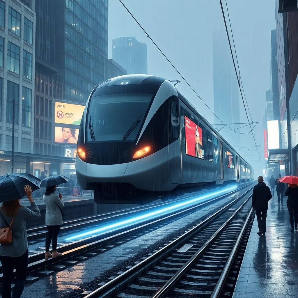 a sleek futuristic train levitating above tracks through a rainy modern city, vivid magnetic energy arcs beneath it, commuters staring in awe with umbrellas, urban realism mixed with mystical atmosphere, silver reflections and dramatic storm light