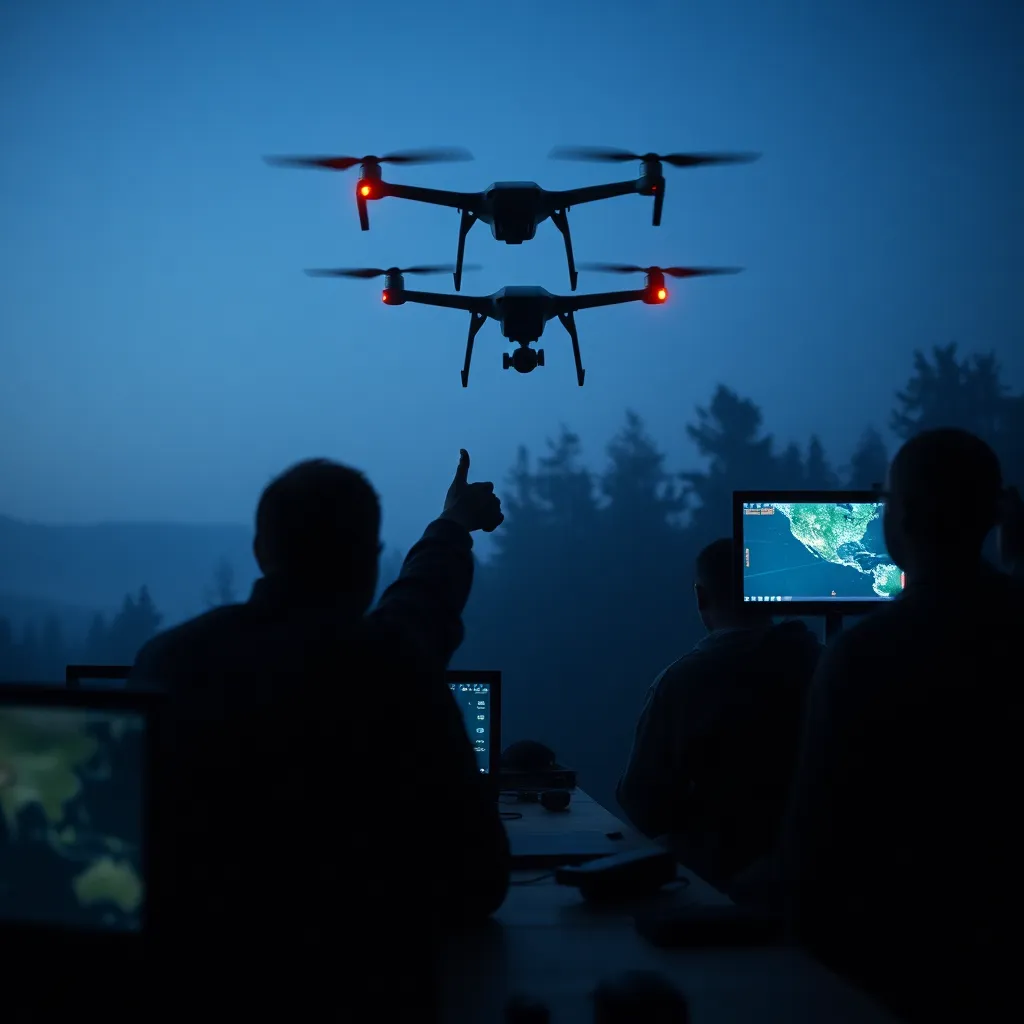 enemy drone returning toward a launch site hidden near a forest edge, operators in confusion watching monitors, one pointing at the screen in disbelief, dawn light, tense but absurd atmosphere, highly detailed cinematic realism