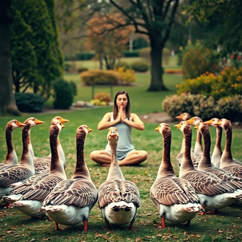 A group of Canadian geese sitting in a circle around a yoga instructor in a park, the geese are in a meditative pose, surrealism, vibrant colors, high detail