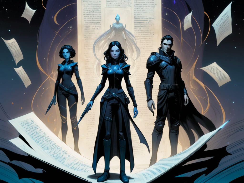 Elara and Null standing in the void, surrounded by floating pages and characters, with a pen and parchment in Elara's hand, ready to start writing