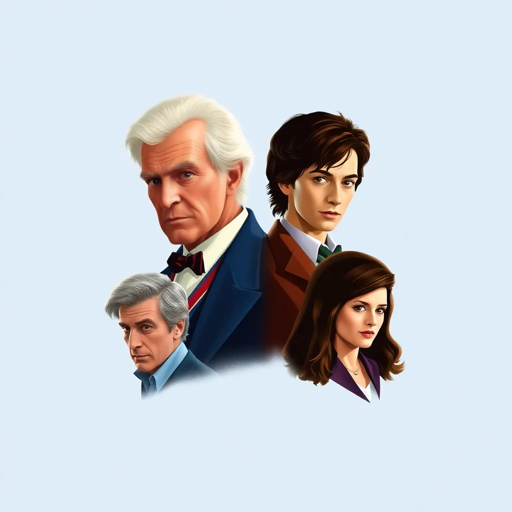 Doctor Who in various regenerations, from an old man to a young woman, each with a unique style and expression