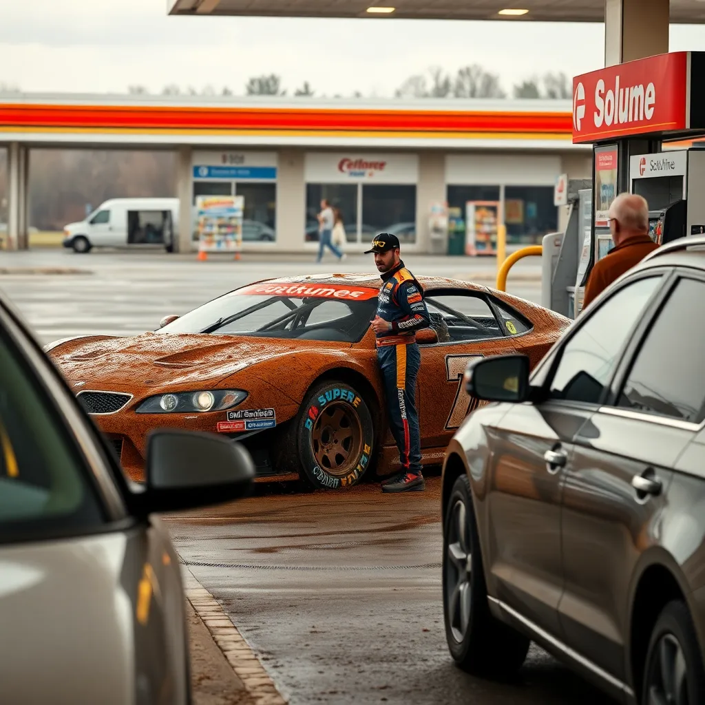 a muddy super late model dirt race car stopped at an Ohio interstate service plaza gas pump beside ordinary family cars, confused travelers, driver in racing suit gesturing, convenience store in background, realistic absurd news photo