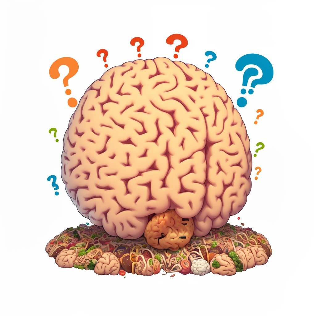 Brain surrounded by question marks and food