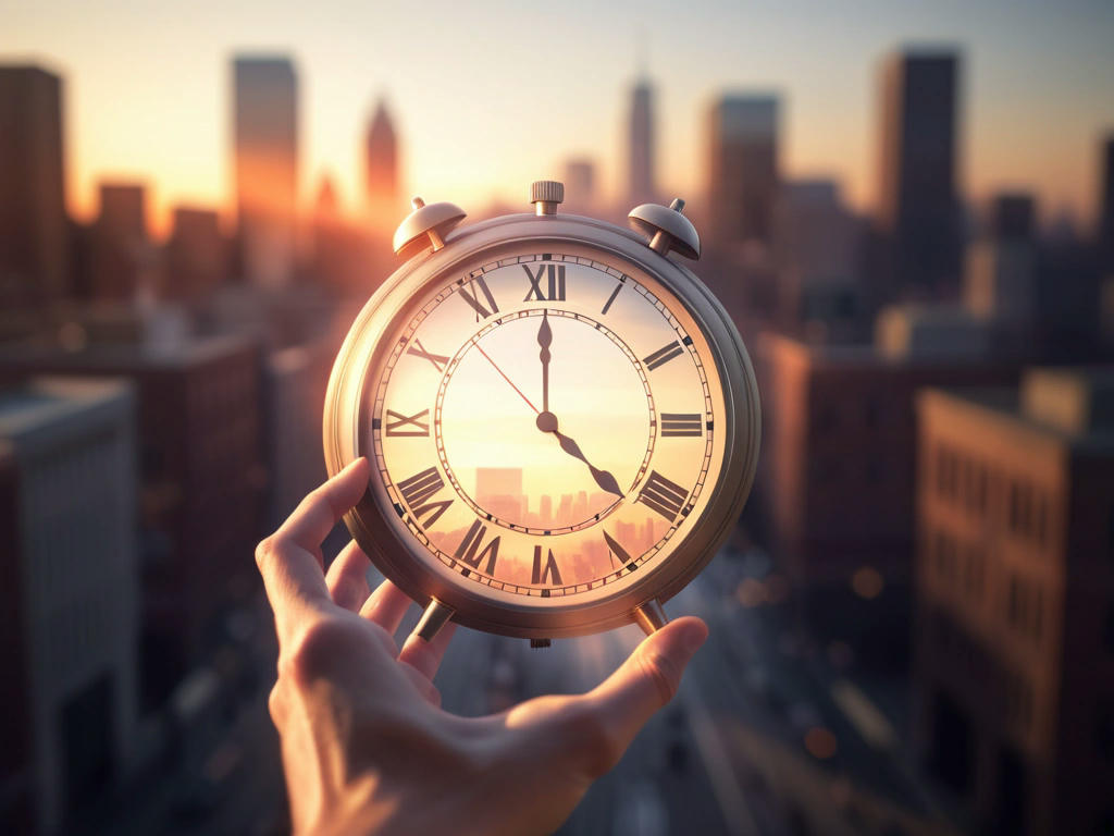 a depiction of a clock ticking, with the hands moving in a clockwise direction, and a subtle blur effect to represent the passage of time, set against a backdrop of a cityscape at sunset