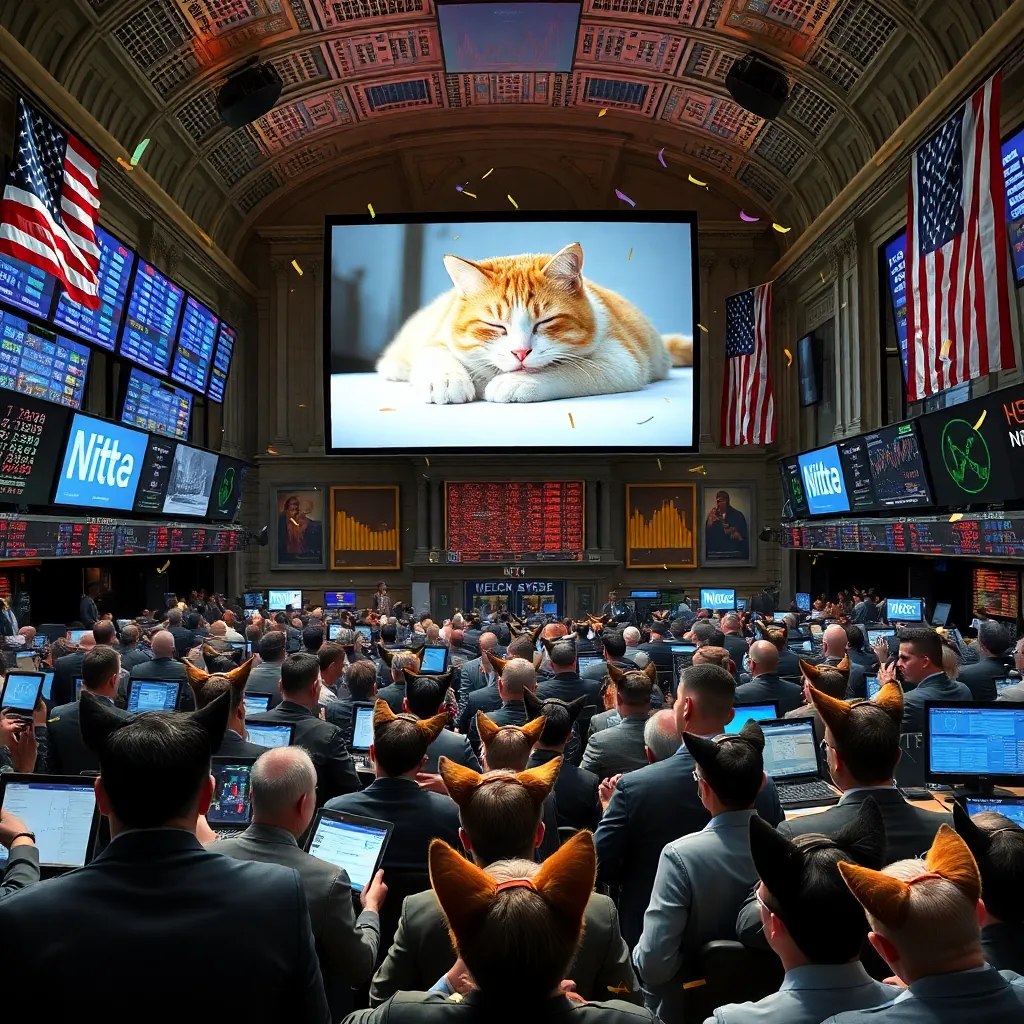 A chaotic trading floor at the New York Stock Exchange where all the human traders are wearing cat-ear headbands and looking up at a giant central screen showing a cat sleeping, confetti falling from the ceiling