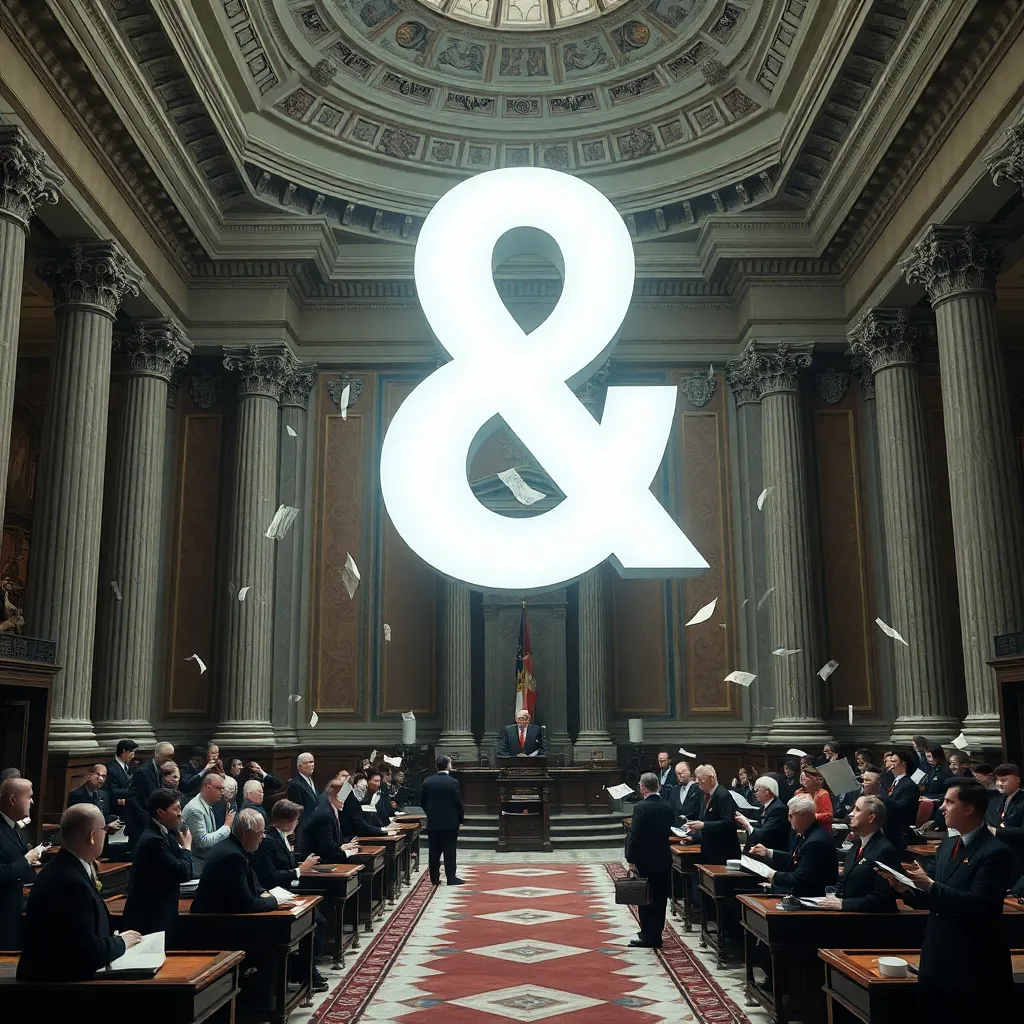 ornate government chamber overtaken by typography, giant glowing ampersand hovering above bewildered officials, papers flying, marble columns, ceremonial robes, surreal blend of bureaucracy and design magazine aesthetics, dramatic wide shot