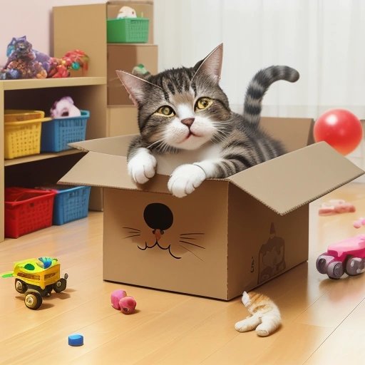 Crying cat in a cardboard box of happiness