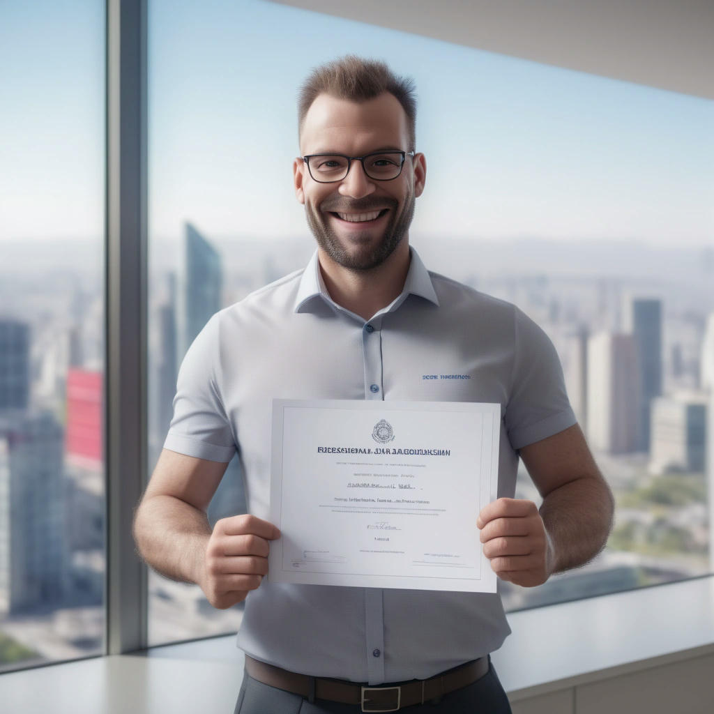 a person holding a 'Scrum Master' certificate, with a fake smile, in a corporate office, with a cityscape in the background, through a window, during the day, bright colors, shallow depth of field, 4k, hyper realistic, photo-realism, octane render