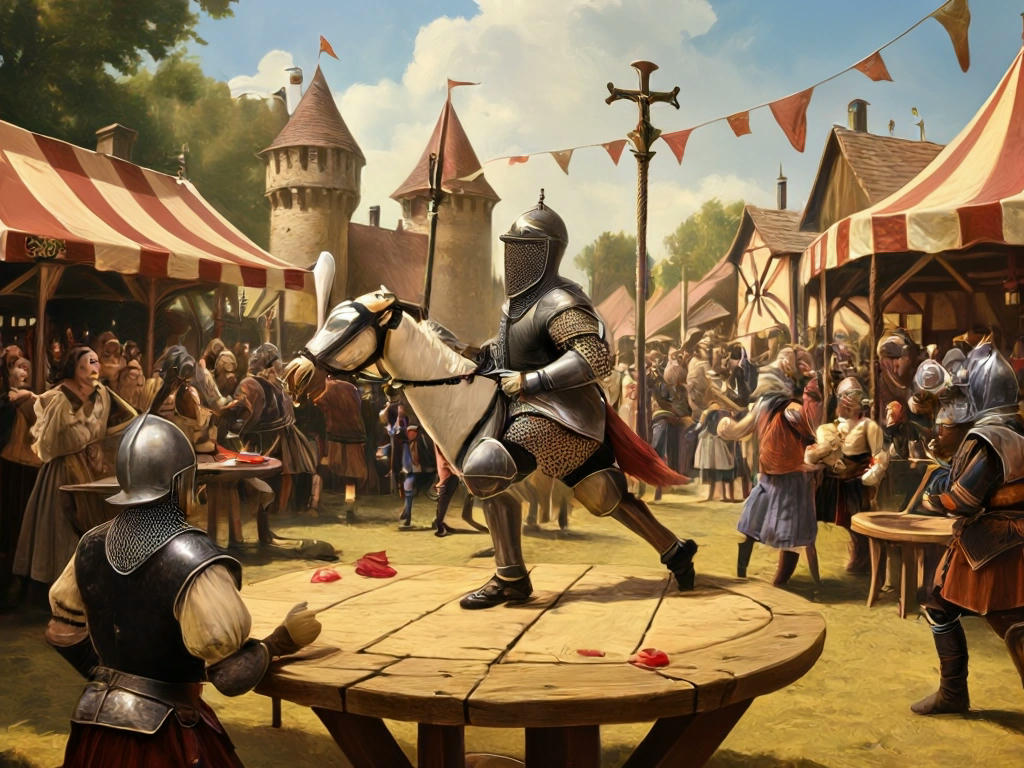 medieval knights jousting on pogo sticks, surrounded by cheering villagers, with a pie-eating contest table in the background