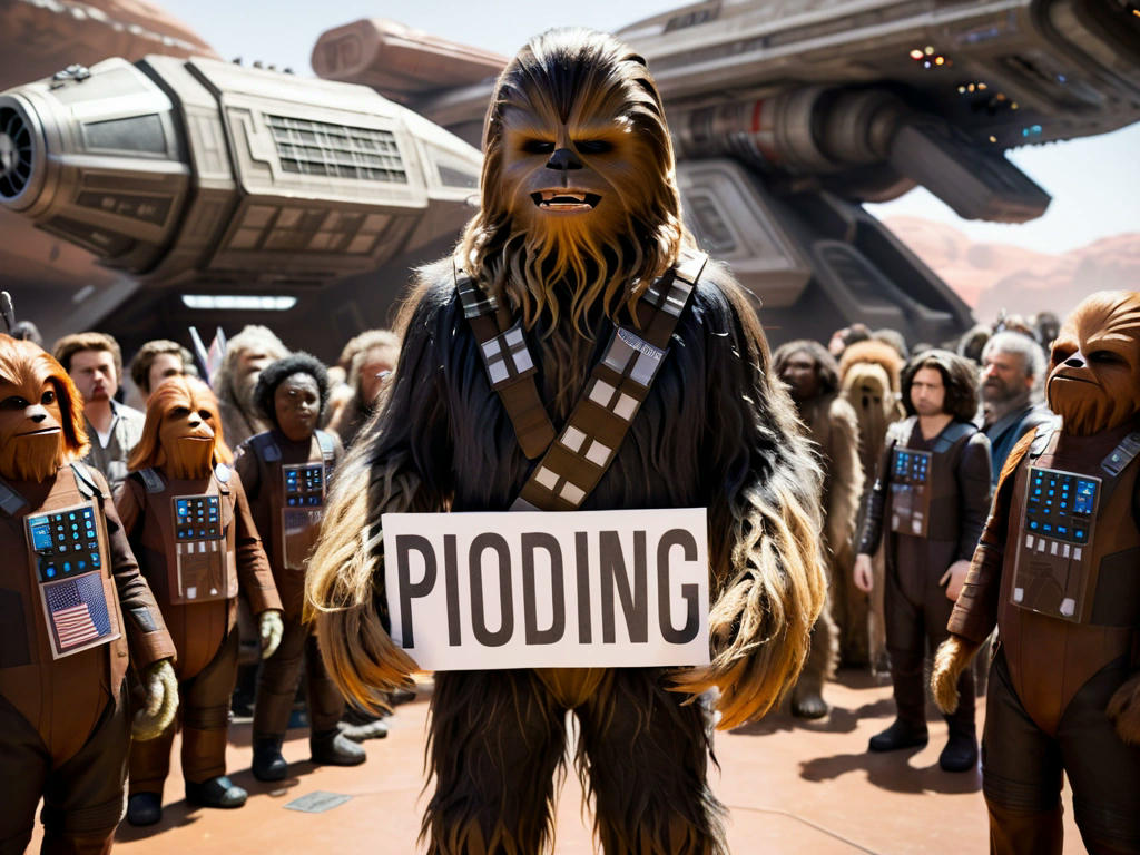 Chewbacca standing in front of a spaceship, holding a protest sign, with a crowd of diverse aliens behind him