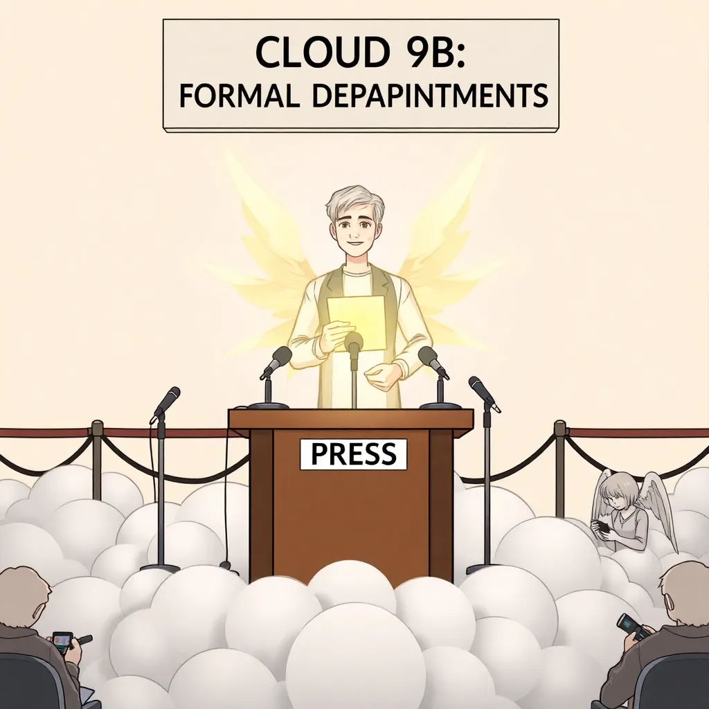 Gabe the seraph holds a cloudside press conference “reserved for formal disappointments”