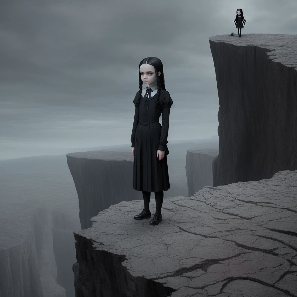 Wednesday Addams observing a desolate landscape