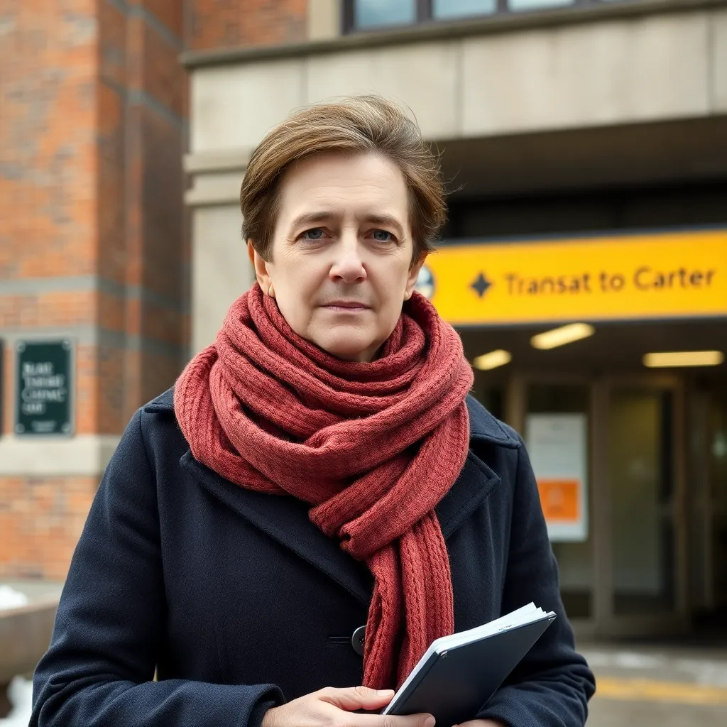 Dr. Elaine Harrow giving remarks beneath three scarves