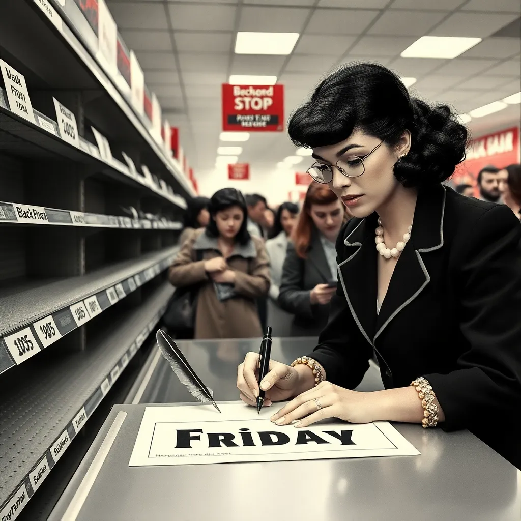 Rebecca Black signing 'Friday' patent with quill pen while confused shoppers fight over empty shelves labeled 'Black Friday 2005', 1950s sci-fi aesthetic
