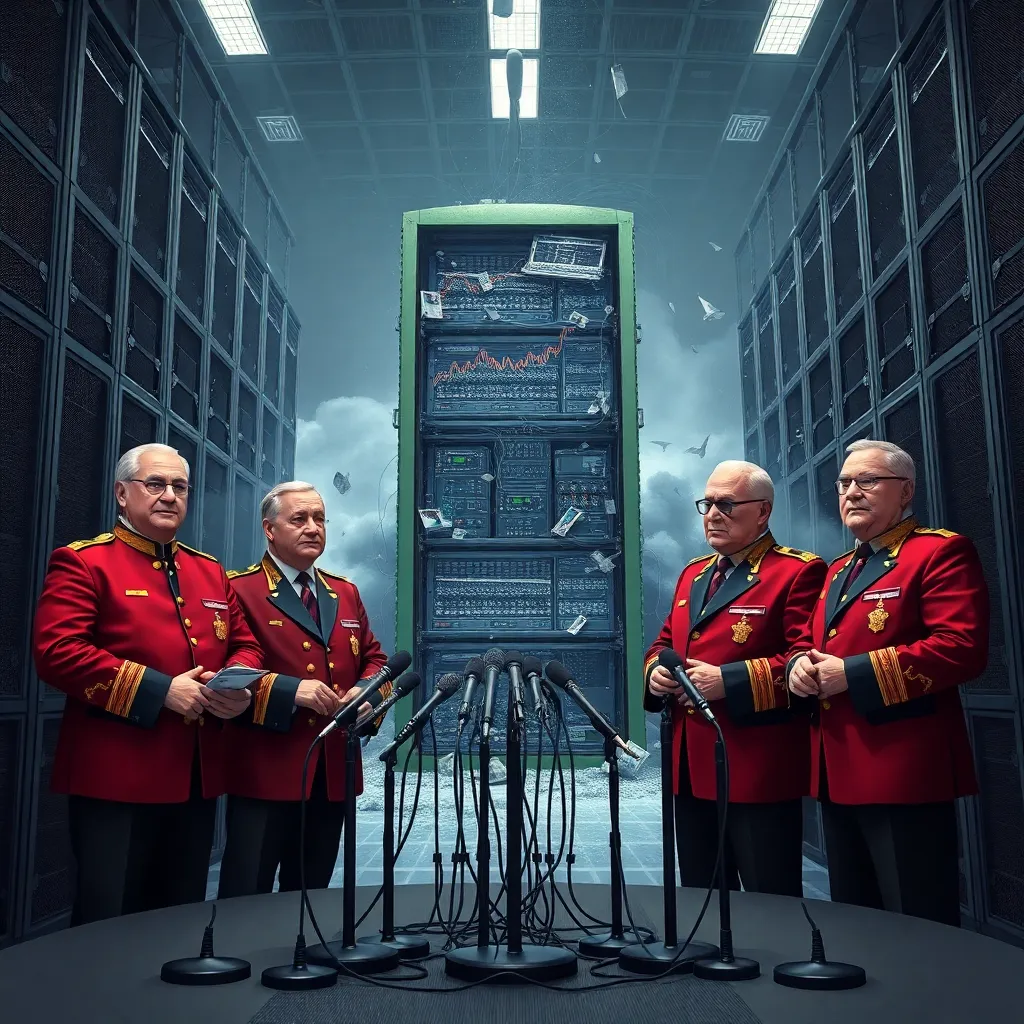 a grand absurd press conference with stern officials in ornate uniforms standing before a destroyed data center backdrop, trying to look confident while charts collapse, microphones everywhere, one giant unplugged server rack, darkly comic realism, ultra detailed