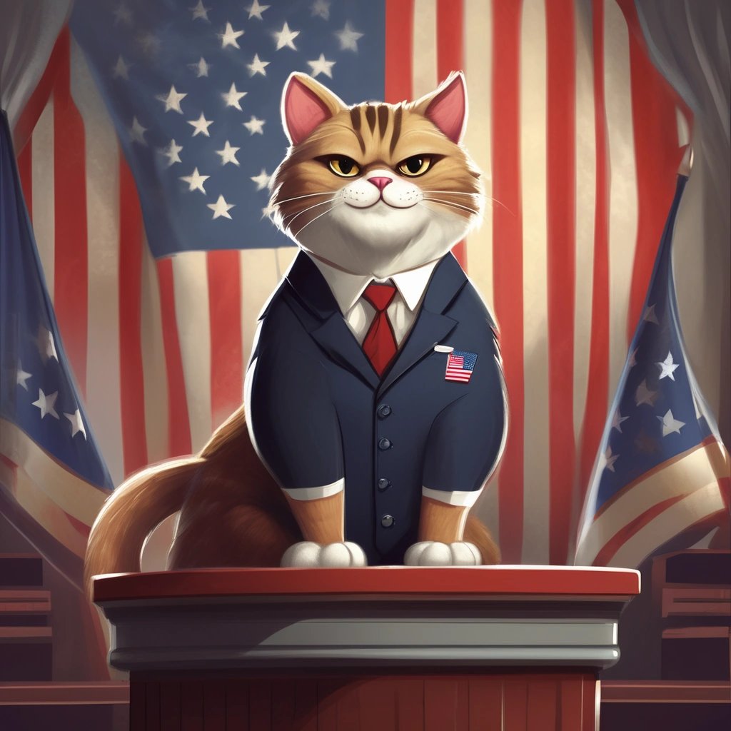 Cat President at a podium