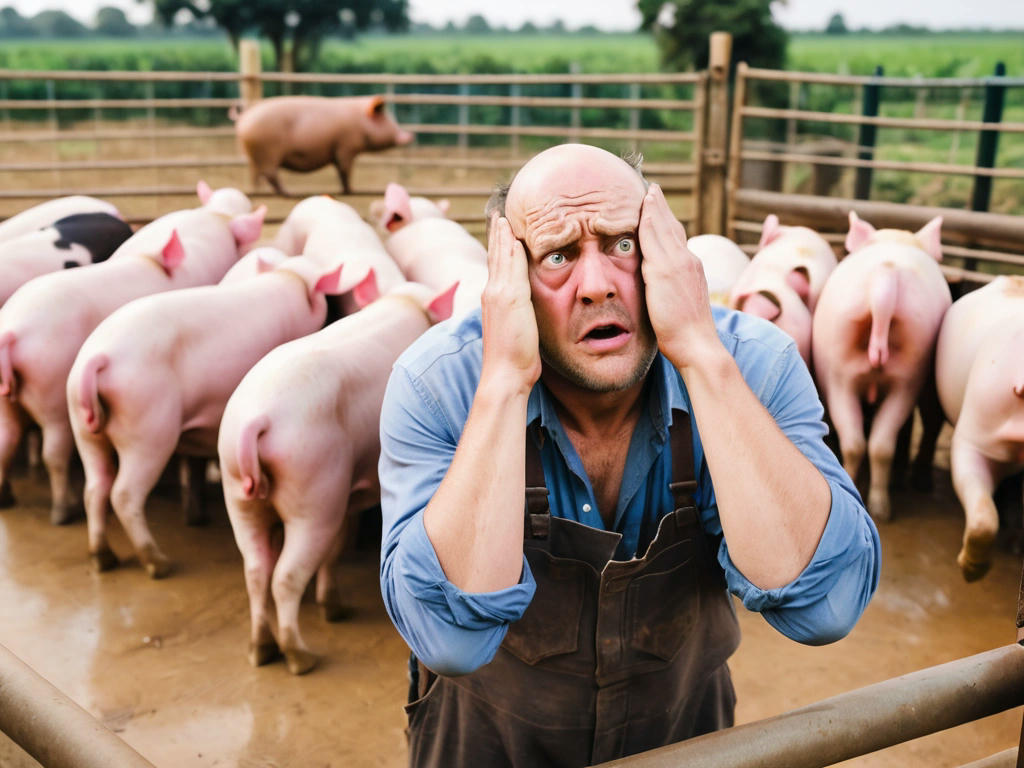 a farmer scratching his head while watching pigs bowing in a pen, with a confused expression