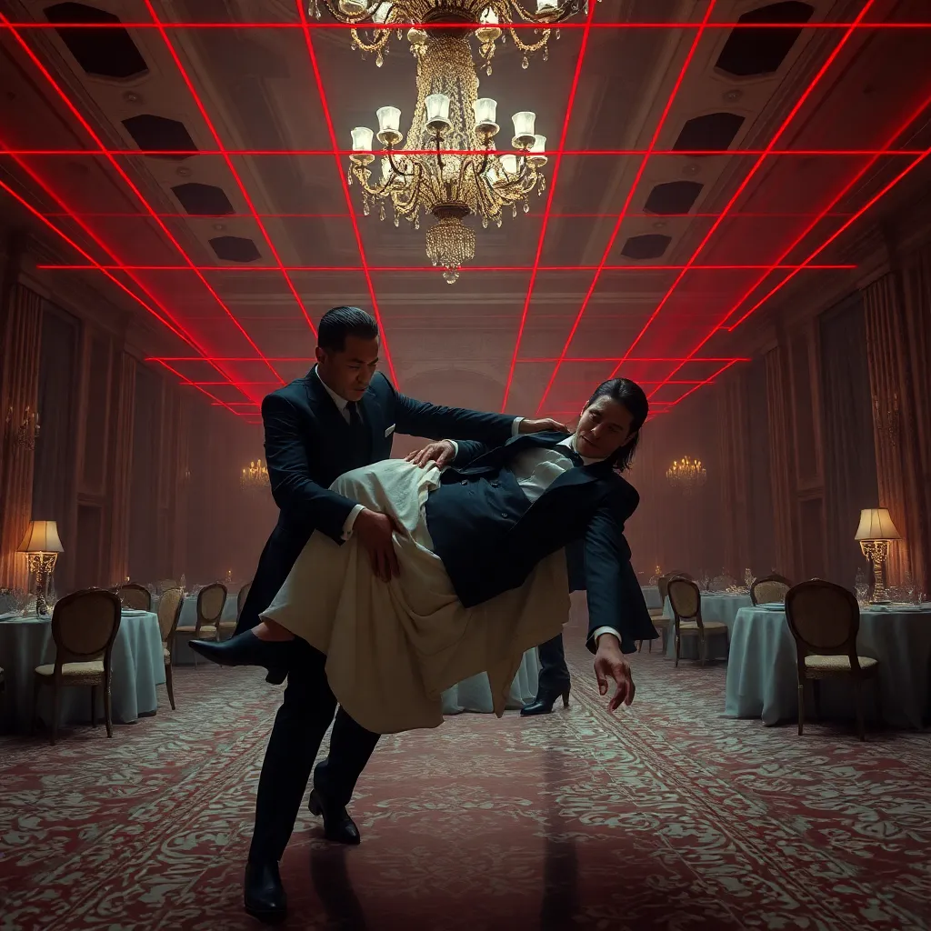 grand clandestine ballroom collapsing into surreal emergency, rival spies helping each other through red laser grids, iridescent eyes glowing, one assassin carrying another suited operative wrapped in white tablecloths, elegant panic, chandelier light, richly detailed cinematic absurdity