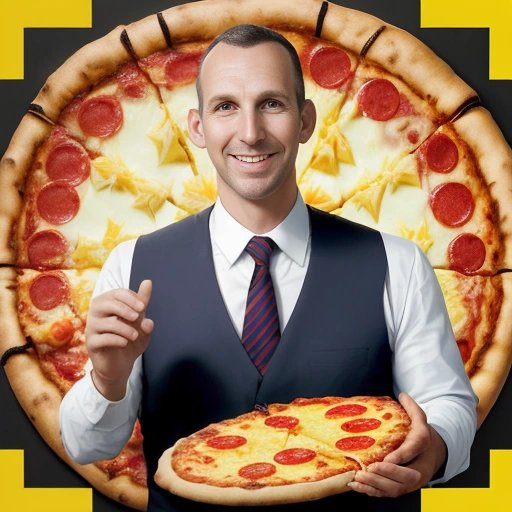 Andrew Thompson holding a slice of pineapple pizza