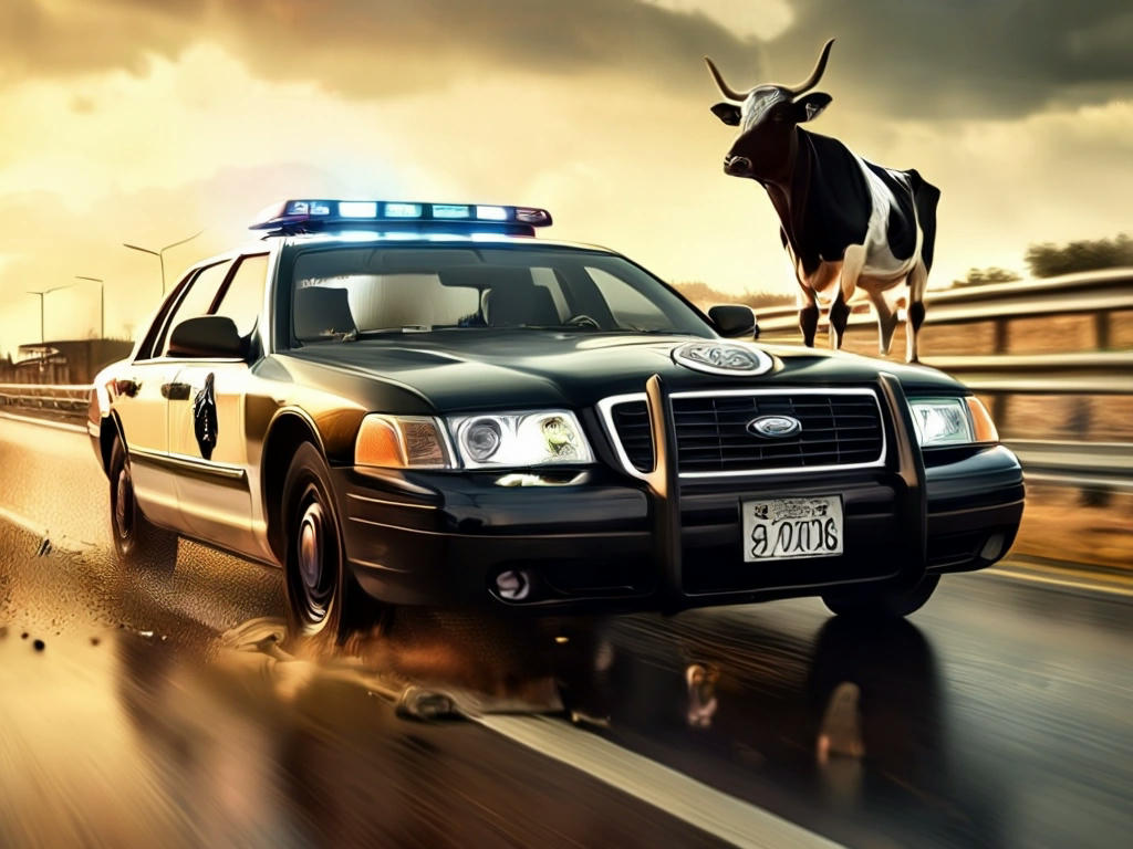 Police car ramming a cow